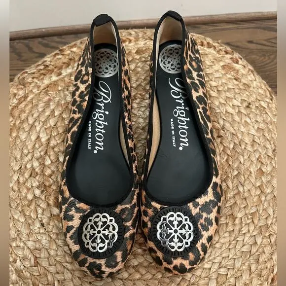 Brighton Aleta Ballerinas Leopard Print Leather Silver Plate medallion Size 10M
