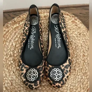 Brighton Aleta Ballerinas Leopard Print Leather Silver Plate medallion Size 10M