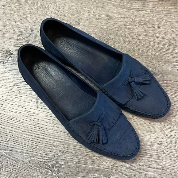 Bruno Magli Mens 9.5 M Loafers Shoes Tassle Navy Blue Soft Nubuck Leather Italy