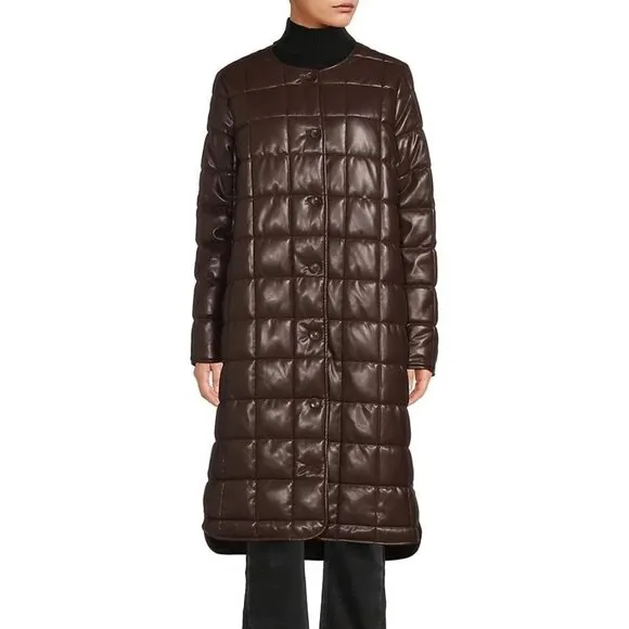 Calvin Klein Quilted Faux Leather Puffer Coat NWT Size XL Coffee Bean Brown