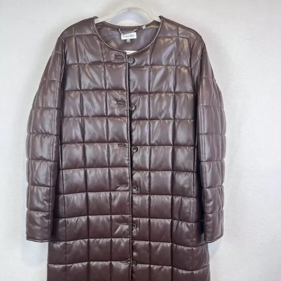 Calvin Klein Quilted Faux Leather Puffer Coat NWT Size XL Coffee Bean Brown