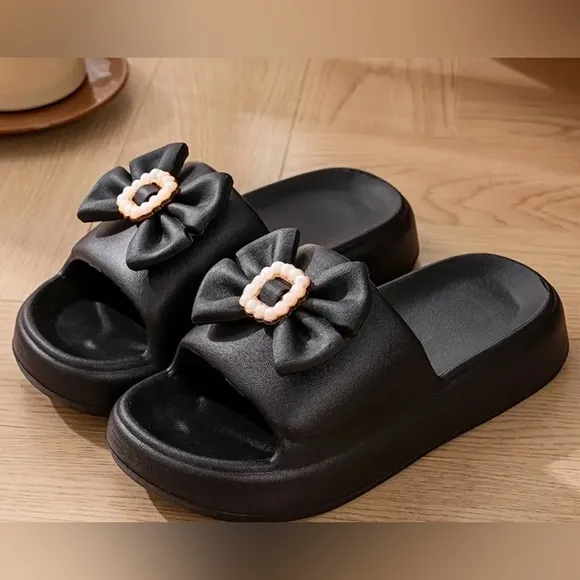 Chic Black Slide Sandals with Rhinestone Bow