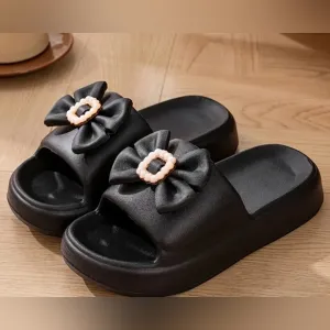 Chic Black Slide Sandals with Rhinestone Bow