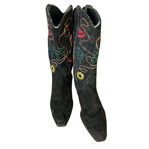 Chilis Black Suede Western Novelty Print Embroidered Cowboy Boot Woman’s 8.5