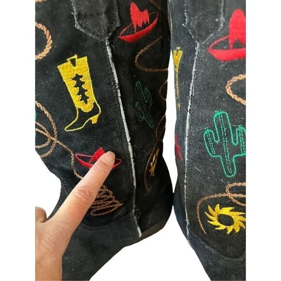Chilis Black Suede Western Novelty Print Embroidered Cowboy Boot Woman’s 8.5