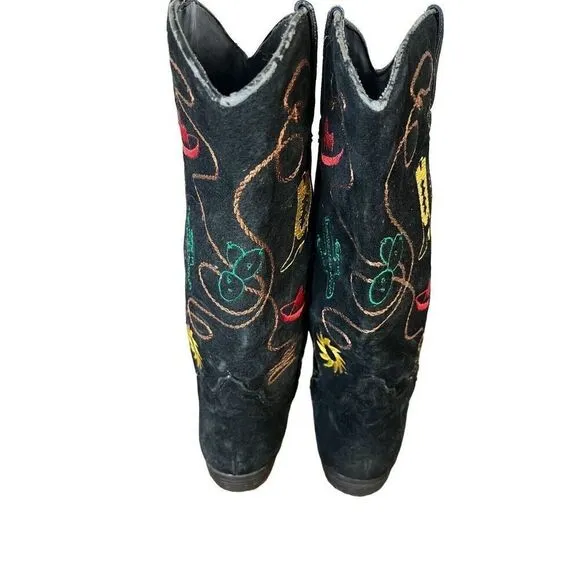Chilis Black Suede Western Novelty Print Embroidered Cowboy Boot Woman’s 8.5