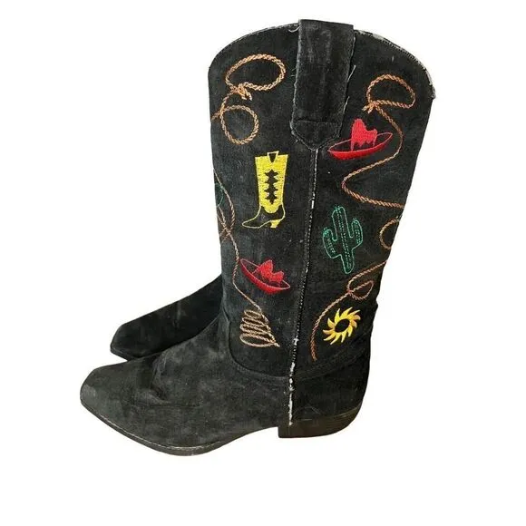 Chilis Black Suede Western Novelty Print Embroidered Cowboy Boot Woman’s 8.5