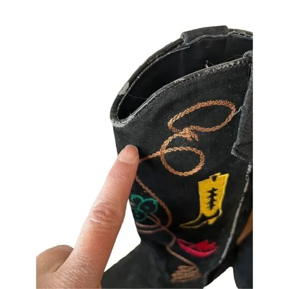 Chilis Black Suede Western Novelty Print Embroidered Cowboy Boot Woman’s 8.5