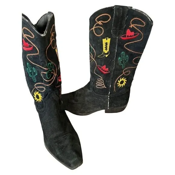Chilis Black Suede Western Novelty Print Embroidered Cowboy Boot Woman’s 8.5