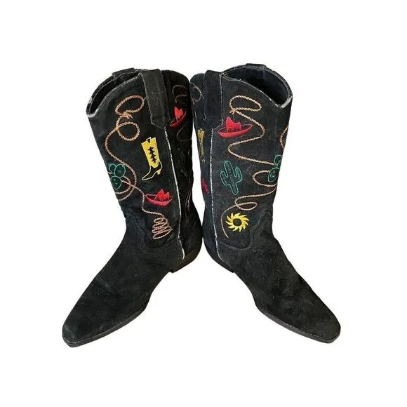 Chilis Black Suede Western Novelty Print Embroidered Cowboy Boot Woman’s 8.5