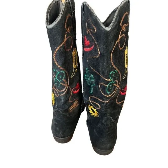 Chilis Black Suede Western Novelty Print Embroidered Cowboy Boot Woman’s 8.5