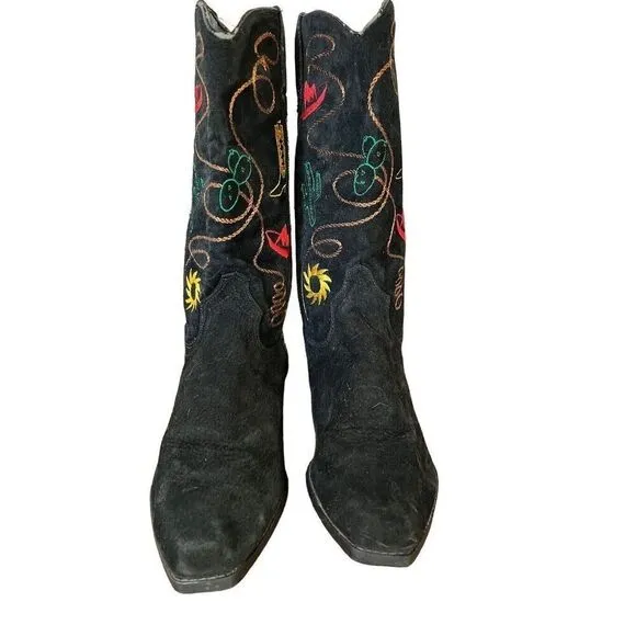 Chilis Black Suede Western Novelty Print Embroidered Cowboy Boot Woman’s 8.5