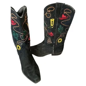 Chilis Black Suede Western Novelty Print Embroidered Cowboy Boot Woman’s 8.5