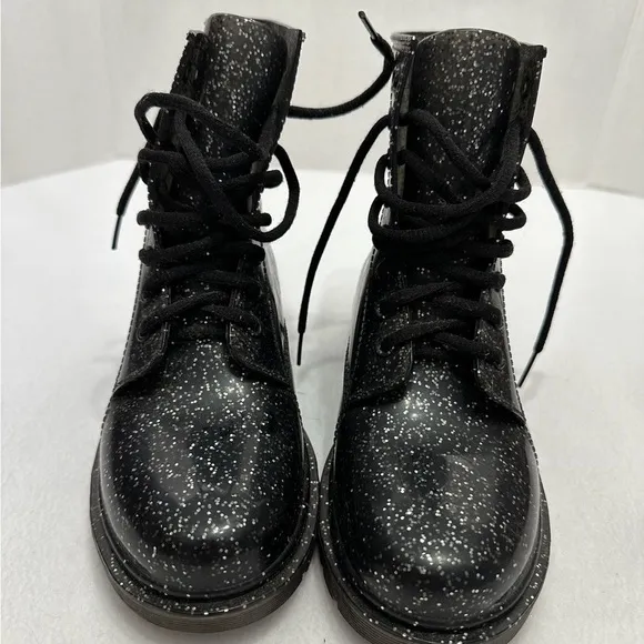 Circus by Sam Edelman Quinn Ankle Black Silver Glitter Combat Rain Boots (Sz 8)