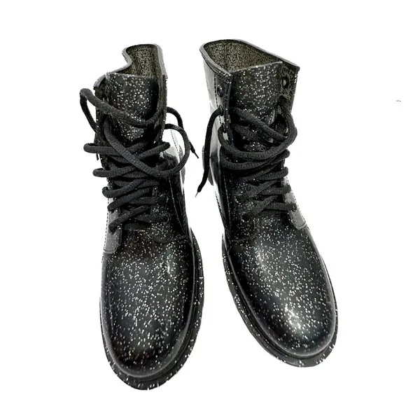 Circus by Sam Edelman Quinn Ankle Black Silver Glitter Combat Rain Boots (Sz 8)
