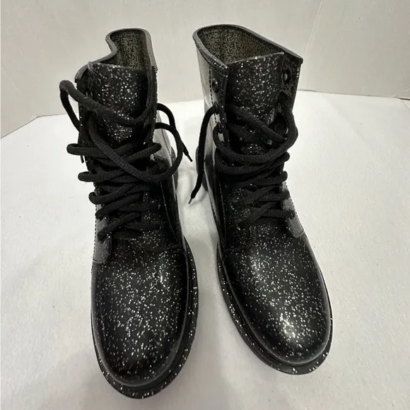 Circus by Sam Edelman Quinn Ankle Black Silver Glitter Combat Rain Boots (Sz 8)