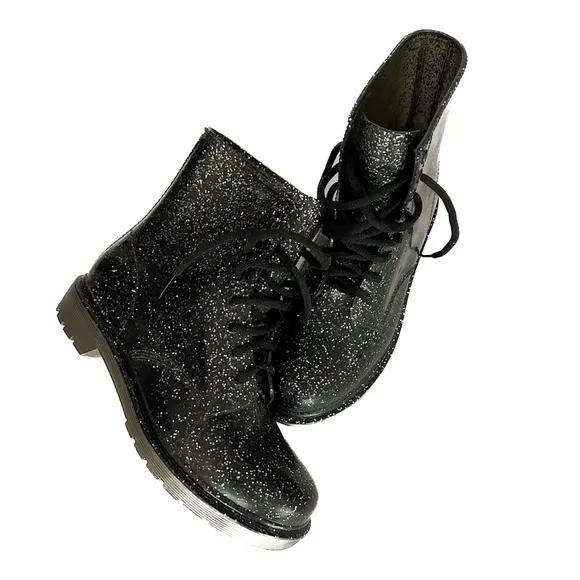 Circus by Sam Edelman Quinn Ankle Black Silver Glitter Combat Rain Boots (Sz 8)