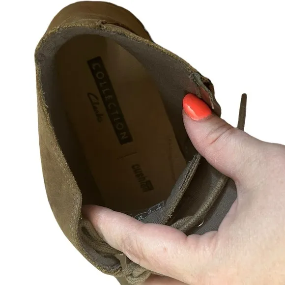 Clarks Tamitha Key Suede Lace Up Booties Olive Brown Soft Cushion Women’s Sz 6.5