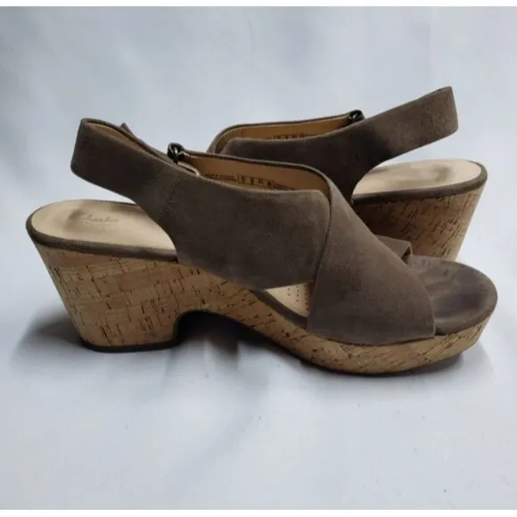Clarks Women's Annadel Eirwyn Cork Wedge Sandals Size 10 Suede Upper