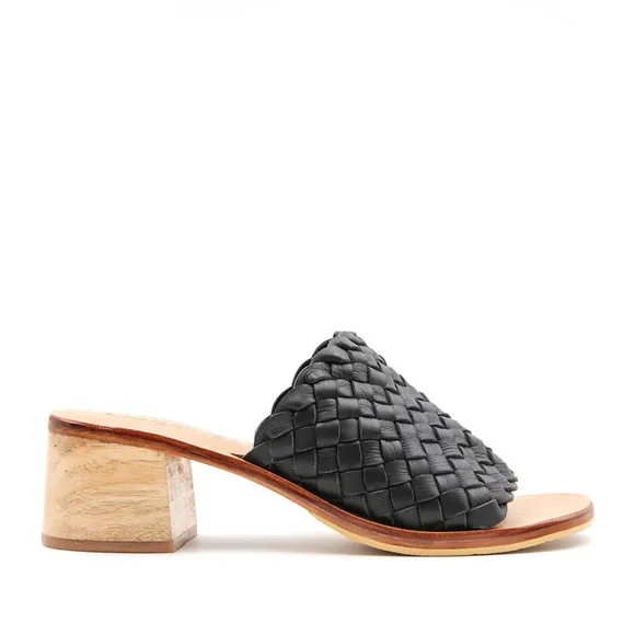 Classic Black Woven Slide Sandals Wooden Block Heel Leather Mules Liberté Sz 10