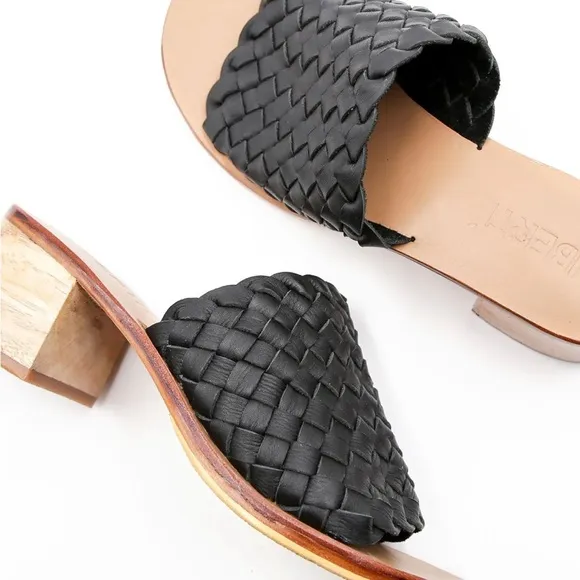 Classic Black Woven Slide Sandals Wooden Block Heel Leather Mules Liberté Sz 10