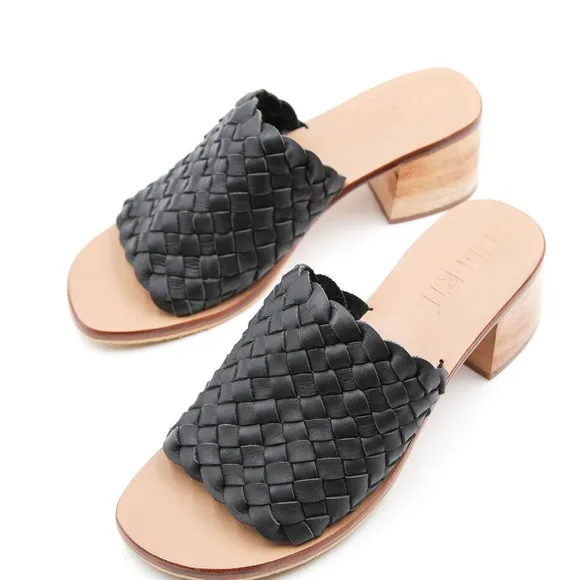 Classic Black Woven Slide Sandals Wooden Block Heel Leather Mules Liberté Sz 10