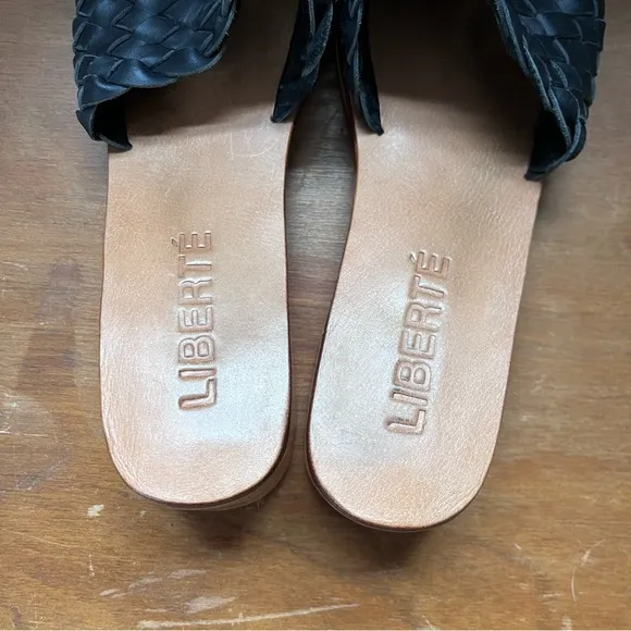 Classic Black Woven Slide Sandals Wooden Block Heel Leather Mules Liberté Sz 10