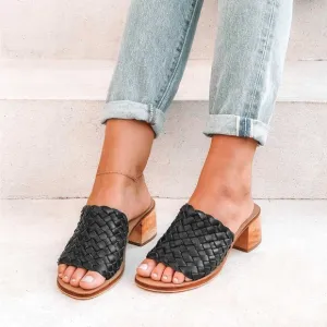 Classic Black Woven Slide Sandals Wooden Block Heel Leather Mules Liberté Sz 10