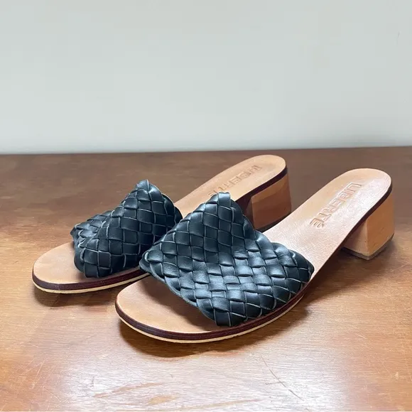 Classic Black Woven Slide Sandals Wooden Block Heel Leather Mules Liberté Sz 10