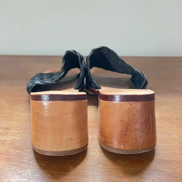 Classic Black Woven Slide Sandals Wooden Block Heel Leather Mules Liberté Sz 10