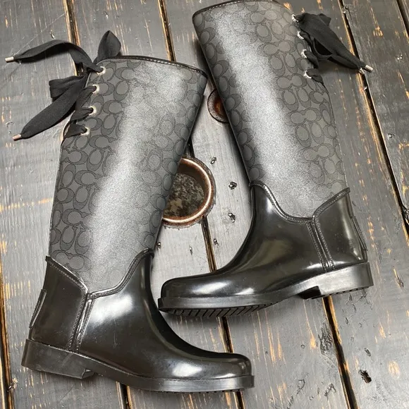 Coach Signature Tall Boots with Faux Fur Lining &amp; Back Laces