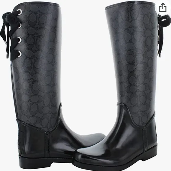 Coach Signature Tall Boots with Faux Fur Lining &amp; Back Laces