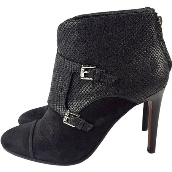 COACH Women's Black Embossed Leather Tina Buckle High Heel Ankle Boots size 7B