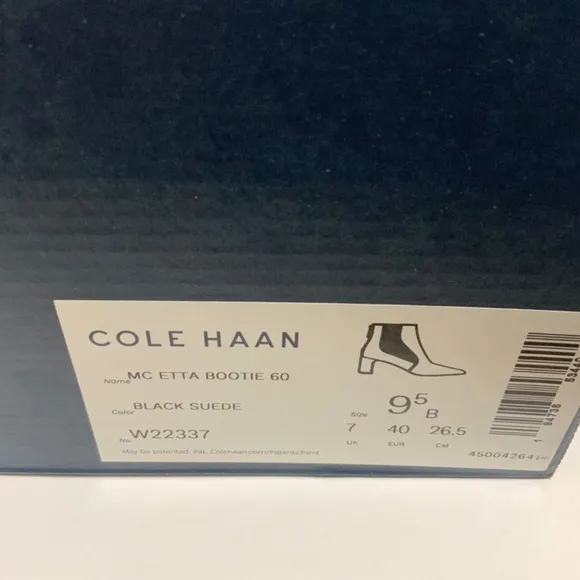 Cole Haan Etta Black Suede Pointed Toe Ankle Booties Block Heel Leather Boot 9.5