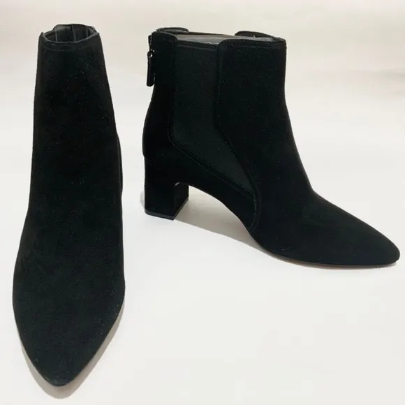 Cole Haan Etta Black Suede Pointed Toe Ankle Booties Block Heel Leather Boot 9.5