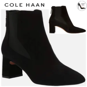 Cole Haan Etta Black Suede Pointed Toe Ankle Booties Block Heel Leather Boot 9.5