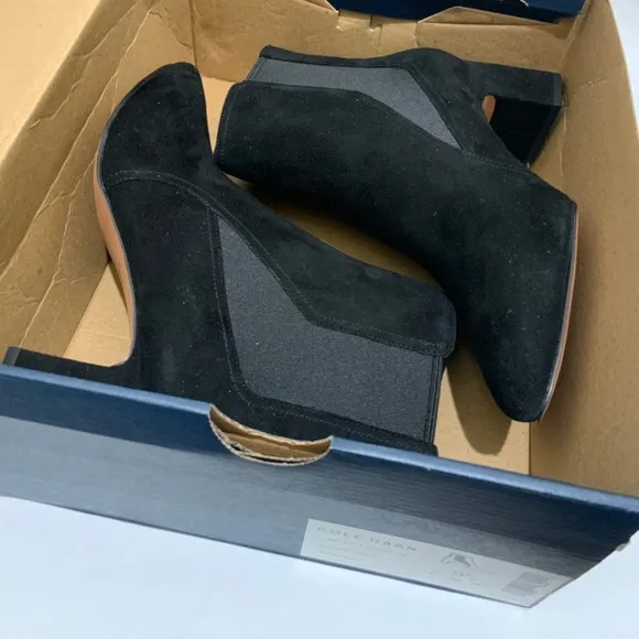 Cole Haan Etta Black Suede Pointed Toe Ankle Booties Block Heel Leather Boot 9.5