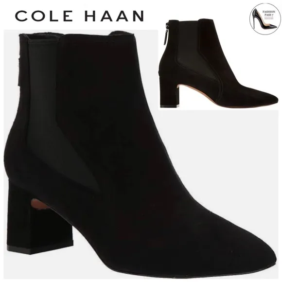 Cole Haan Etta Black Suede Pointed Toe Ankle Booties Block Heel Leather Boot 9.5