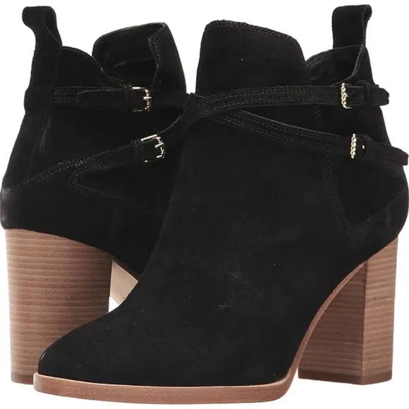 Cole Haan Linnie Black Suede Booties Block Heel Leather Women’s Ankle Boots 9.5