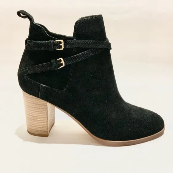 Cole Haan Linnie Black Suede Booties Block Heel Leather Women’s Ankle Boots 9.5