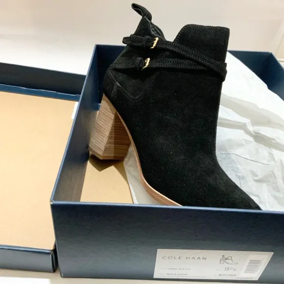 Cole Haan Linnie Black Suede Booties Block Heel Leather Women’s Ankle Boots 9.5