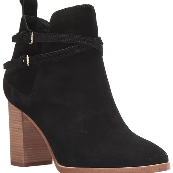 Cole Haan Linnie Black Suede Booties Block Heel Leather Women’s Ankle Boots 9.5