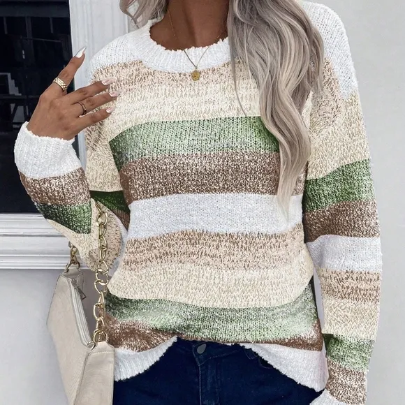 Color Block Crew Neck Casual Pullover Long Sleeve Sweater