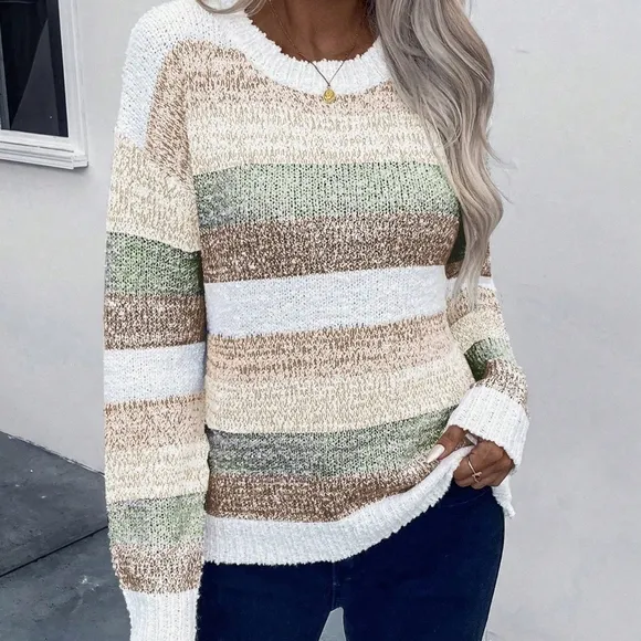 Color Block Crew Neck Casual Pullover Long Sleeve Sweater