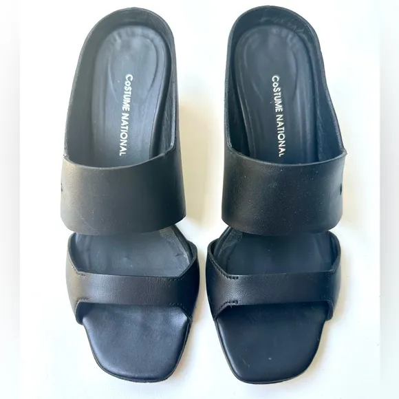 Costume National Slides Sandals, Black Leather, size 37.5, US 7.5