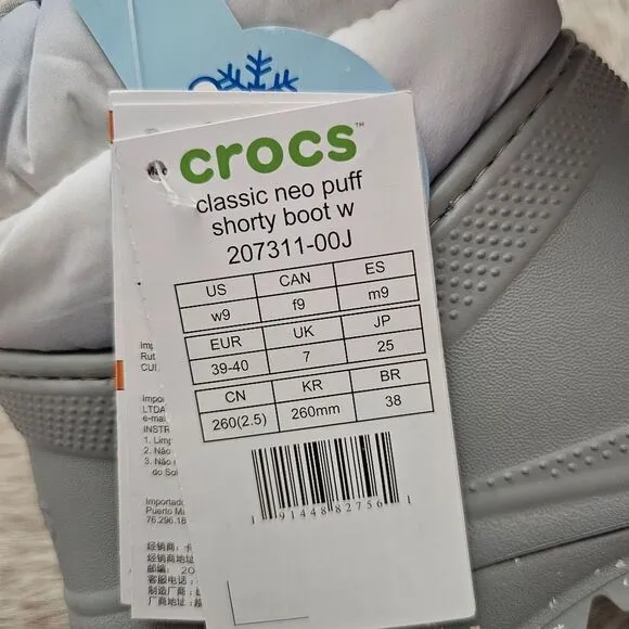 CROCS Women's Classic Neo Puff Shorty Lined Snow Boots in Light Grey NEW