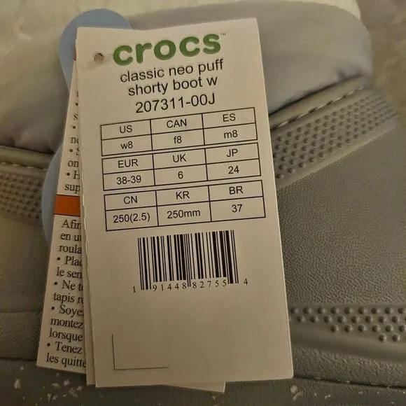CROCS Women's Classic Neo Puff Shorty Lined Snow Boots in Light Grey NEW