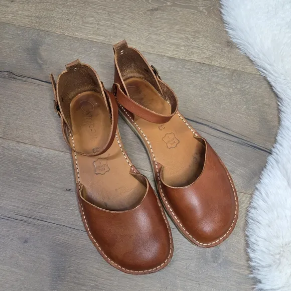 Crupon Brown Leather Mary Jane Sandals with Ankle Strap 39