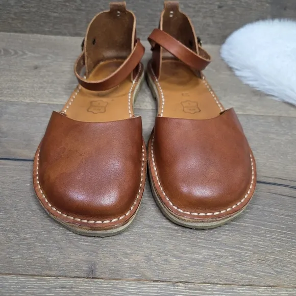Crupon Brown Leather Mary Jane Sandals with Ankle Strap 39