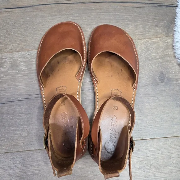 Crupon Brown Leather Mary Jane Sandals with Ankle Strap 39